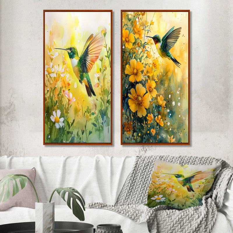 Colibri dans le soleil I - animaux, art mural 2 pièces, H 32 po x l 33 po, Cadre flottant brun