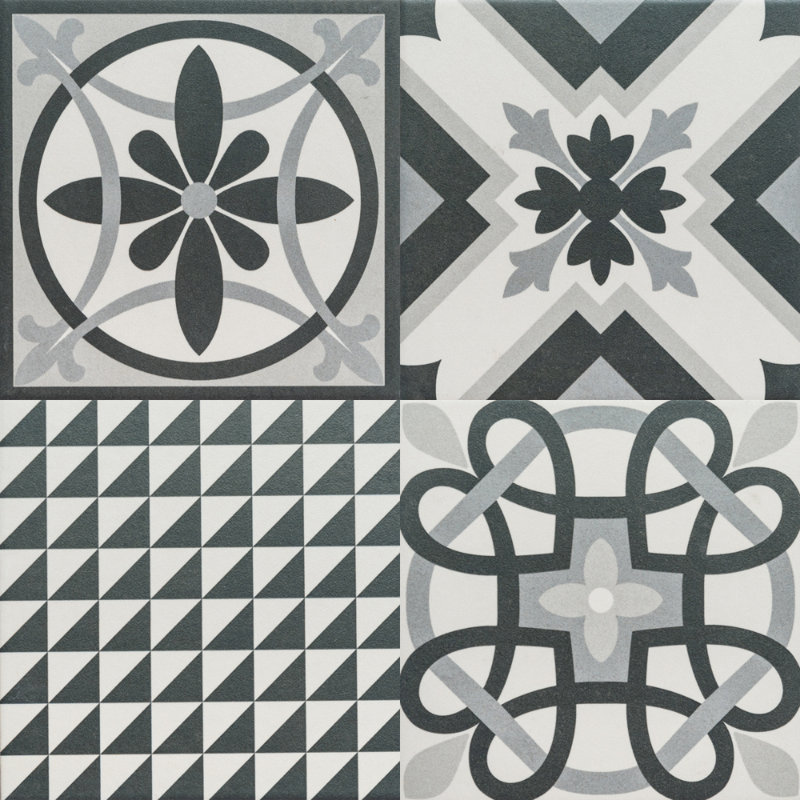 Ellis Taco 6" x 6" Encaustic Pattern Porcelain Floor and Wall Tile, Black