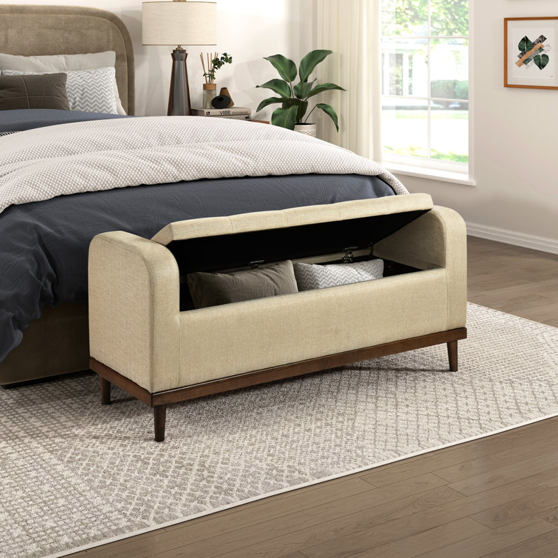 Mid-Century Modern Solid Wood Bedroom Bench, Brown Upholstered, Lift Top Storage Frame, Upholstery, Light Brown