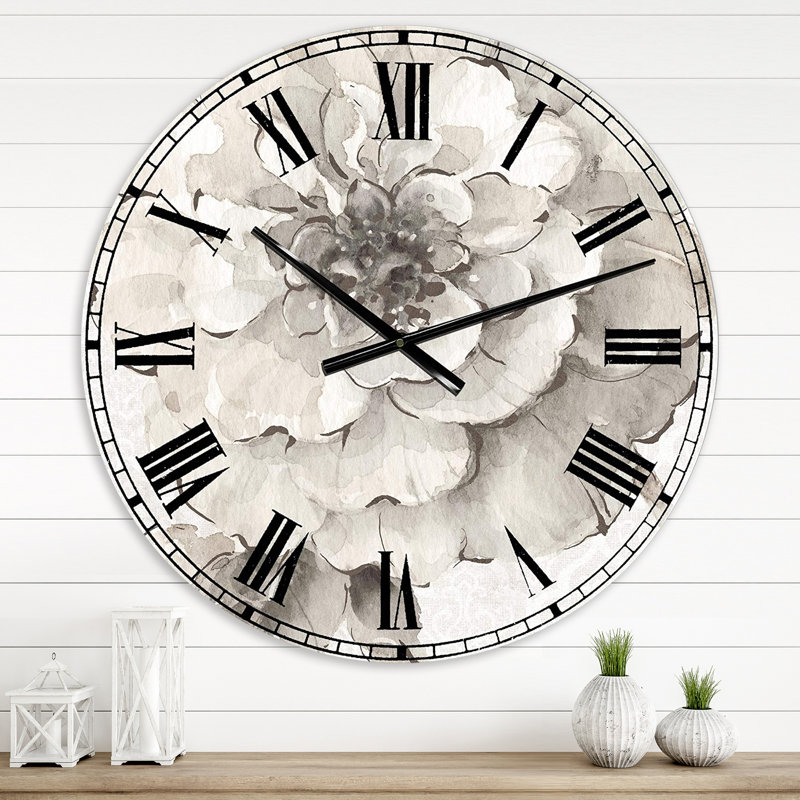Indigold Grey Pivoines I - Horloge murale traditionnelle, Surdimensionné, Gris clair