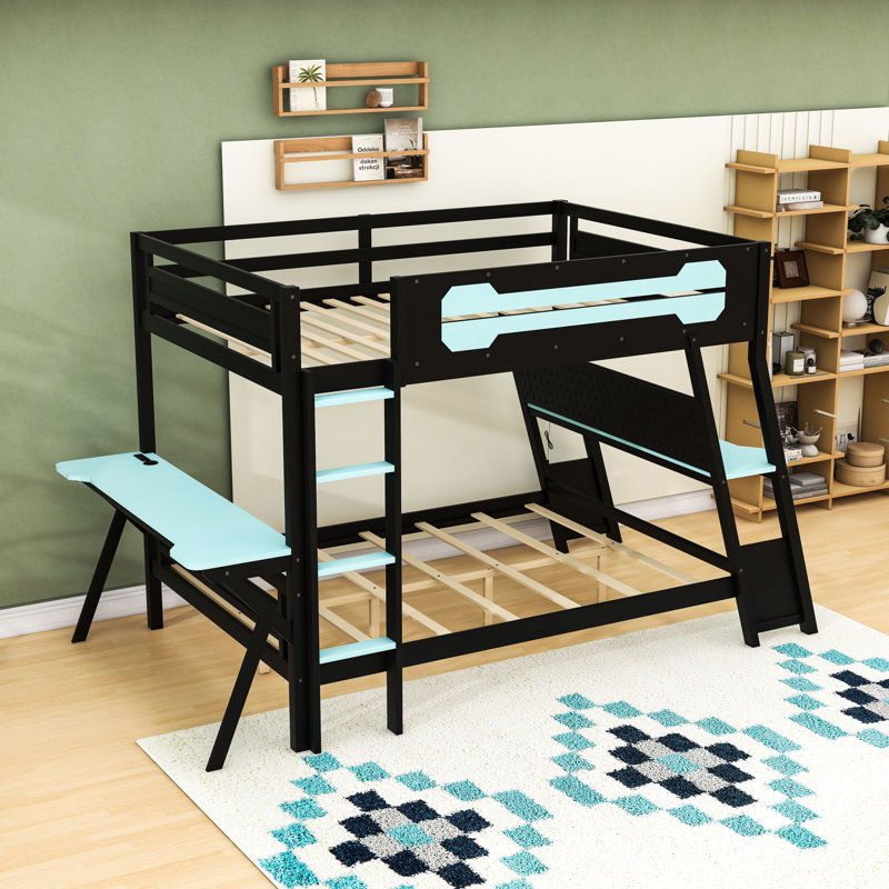 Lit superposé avec ports USB intégrés et panneau perforé, double bureau, Lit superposé double sur double, Bleu nuage