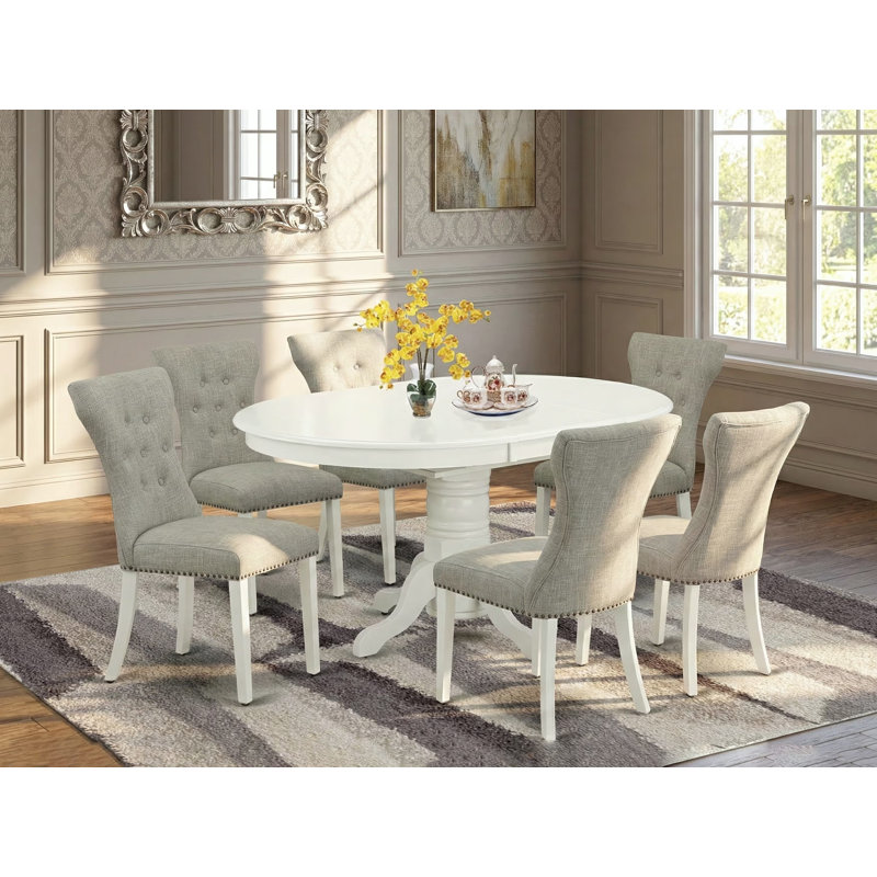 Ensemble de mobilier de salle à manger 7 pièces composé d'une table ovale en bois avec feuille papillon et 6 chaises Parson en tissu de lin, blanc lin