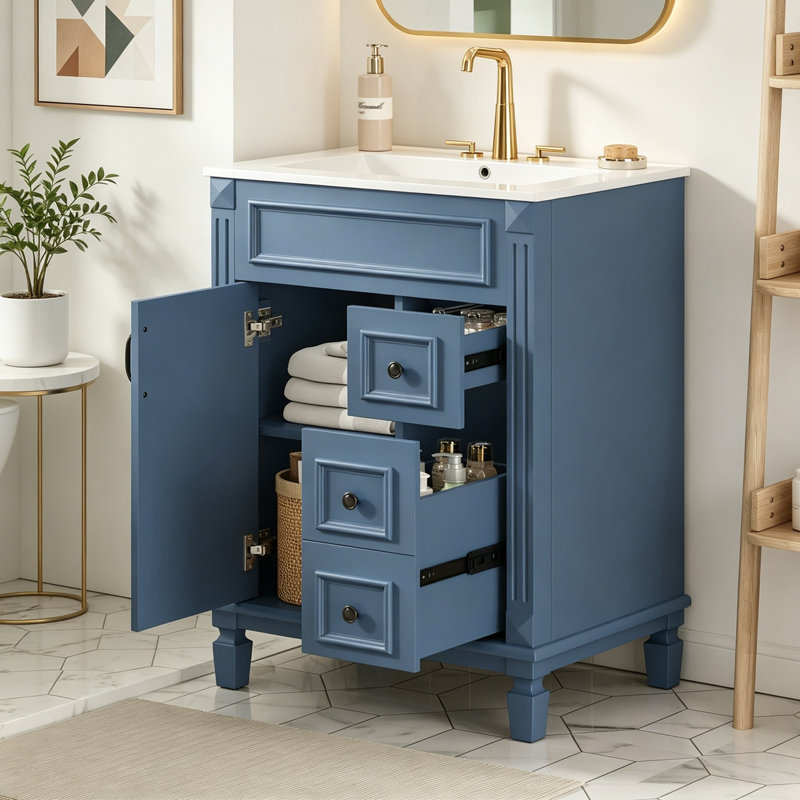 Meuble-lavabo avec lavabo en céramique, 2 tiroirs et tablette réglable, Blue