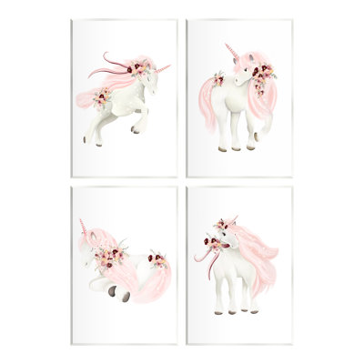 a4-097-Wood " Pastel Pink Unicorns " 4 Piece Art Graphic Art Print