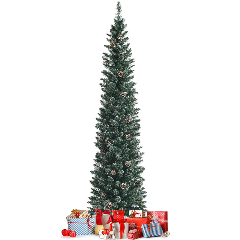 Arbre de Noël mince pin vert / blanc avec pommes de pin, 7 pi