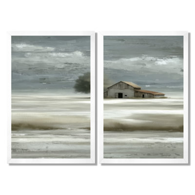 «White Grey Farmhouse In Winter Countryside Landscape - Barn Farm Ranch Art, White Farmhouse, reproduction sur toile 2 pièces
