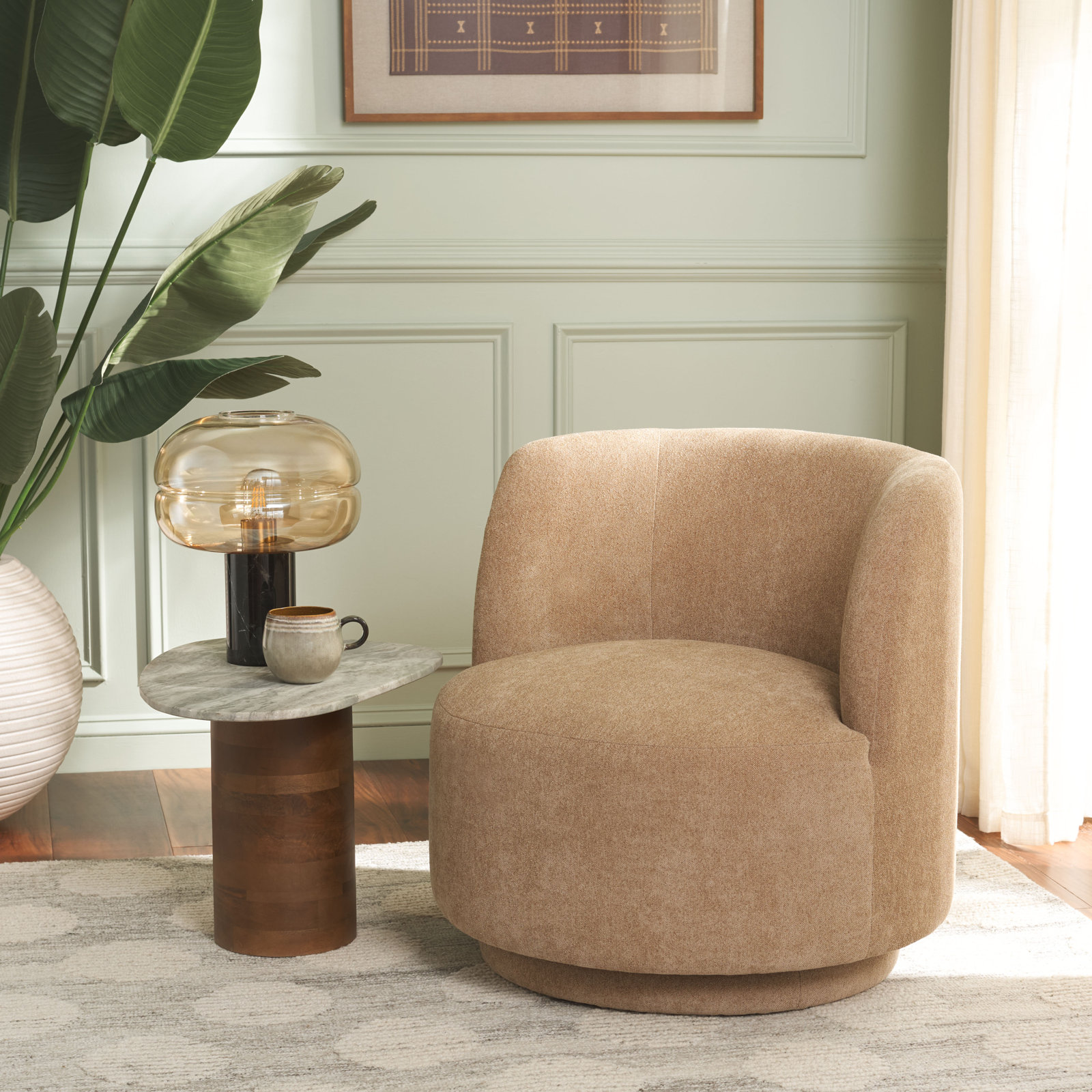 Linen Swivel Club Chair, Tan Linen