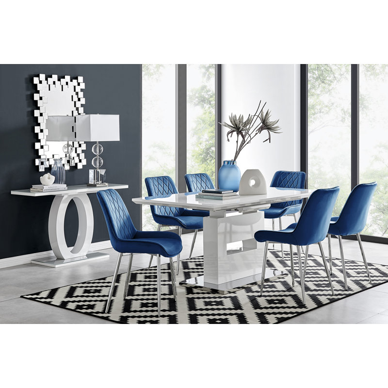 Alezzo Modern High Gloss Extendable Dining Table Set with 6 Luxury Velvet Dining Chairs, Navy/Silver