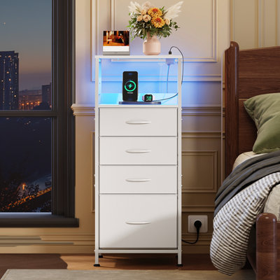 Travison 37" Tall 4-Drawer Nightstand with Charging Station, Smart LED Nightstand with Built-in USB & AC Outlets, White Bedside Table with Open Storage Shelves for Bedroom