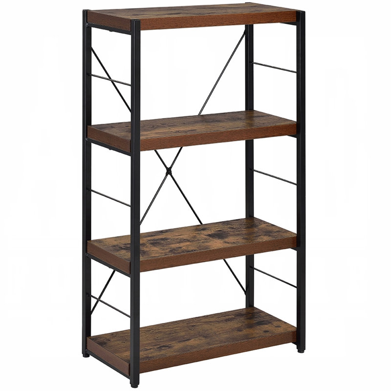 Bibliothèque industrielle à cadre rectangulaire en métal noir avec finition chêne vieilli, 4 tablettes pour outils utilitaires de bureau à domicile, l 24 po x P 11 po H 43 po.