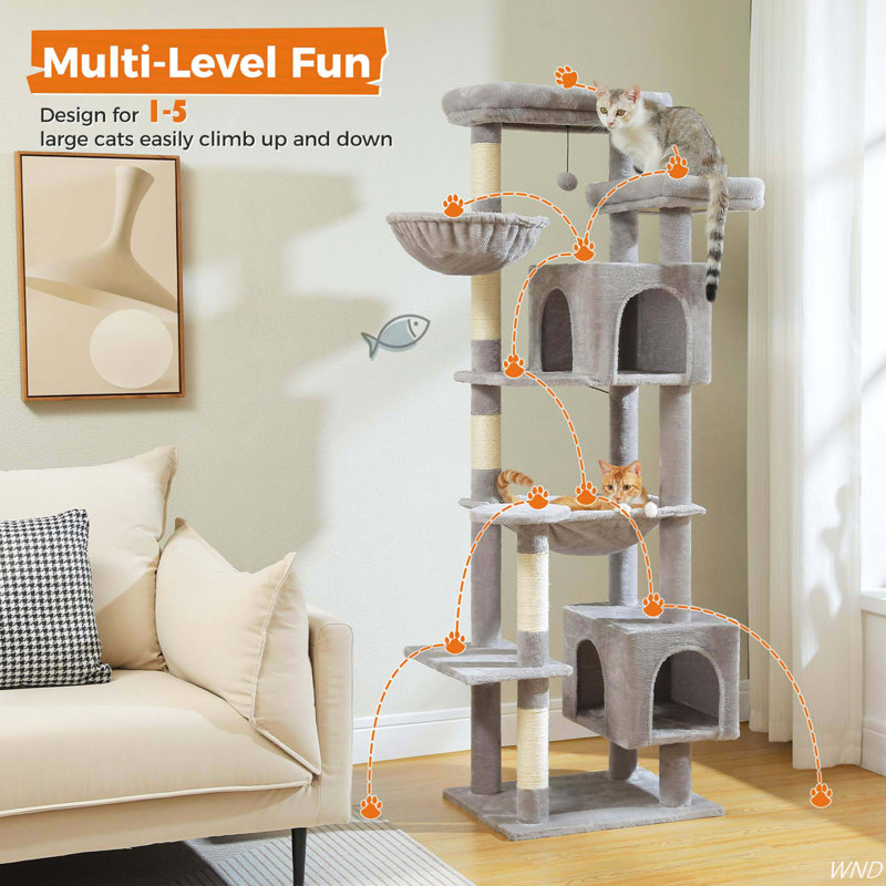 69" Gray Plush Cat Tree Tower with Hammock and Condo