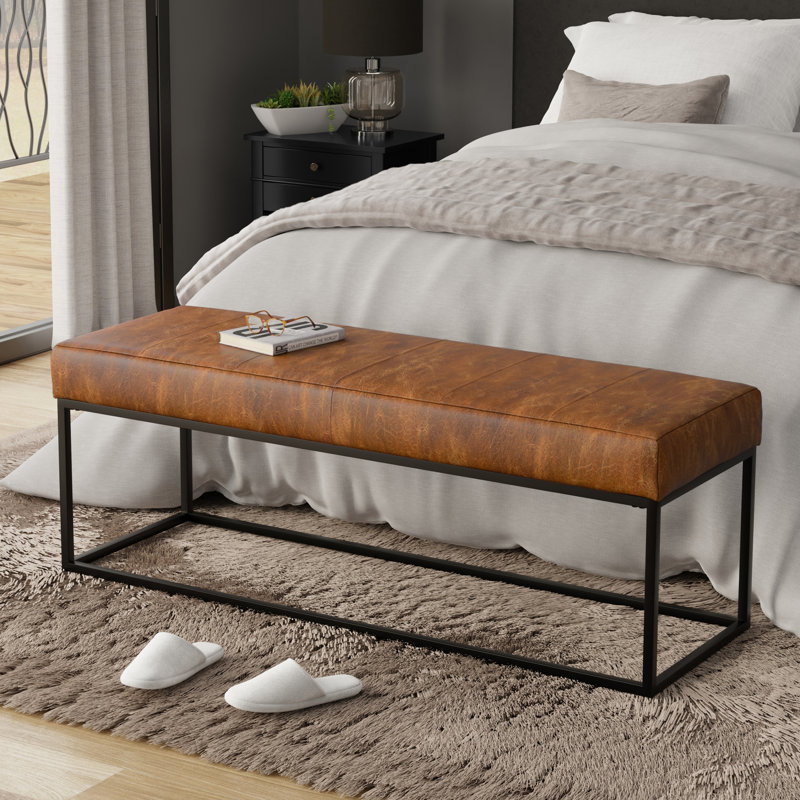 Candice 56"W Genuine Leather Contemporary Modern Ottoman Bench with Rib Stitching and Metal Base