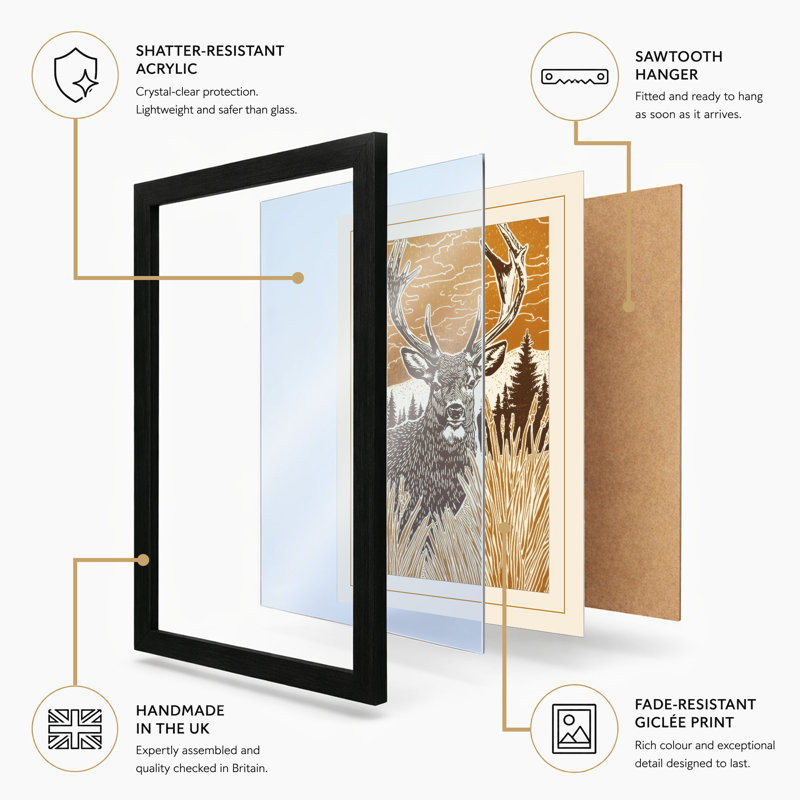 Antlered Majesty Rustic - Framed Print, A4 - 29.7 x 21.0 cm, Walnut