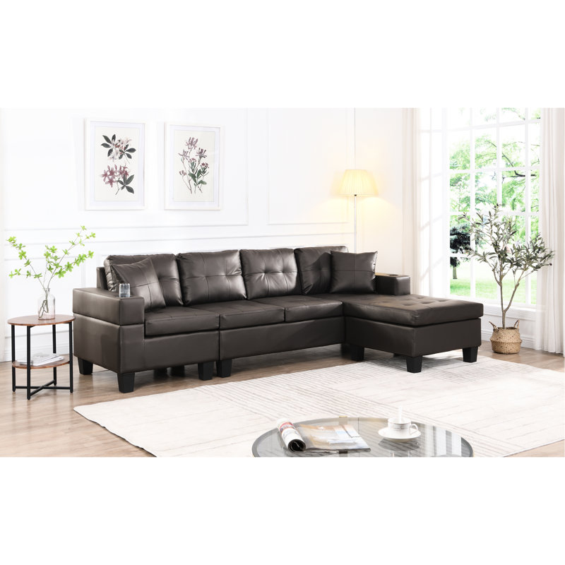 Canapé modulaire avec méridienne, porte-gobelet pour 4 sièges, salon brun 4, porte-méridienne, chocolat profond, Marron foncé