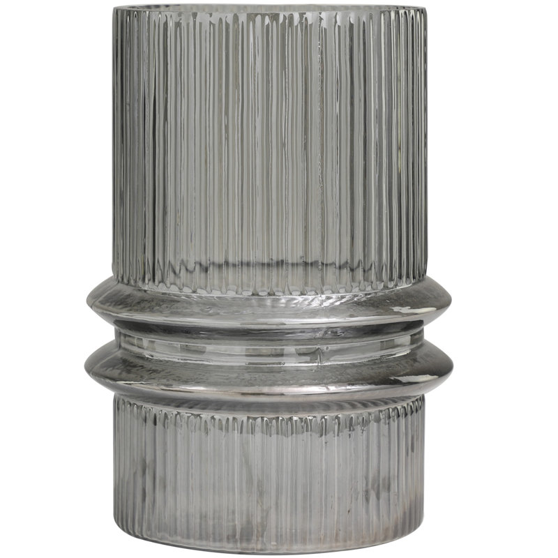 Glass Wide Ribbed Decorative Gray Candle Holder with Fluted Center