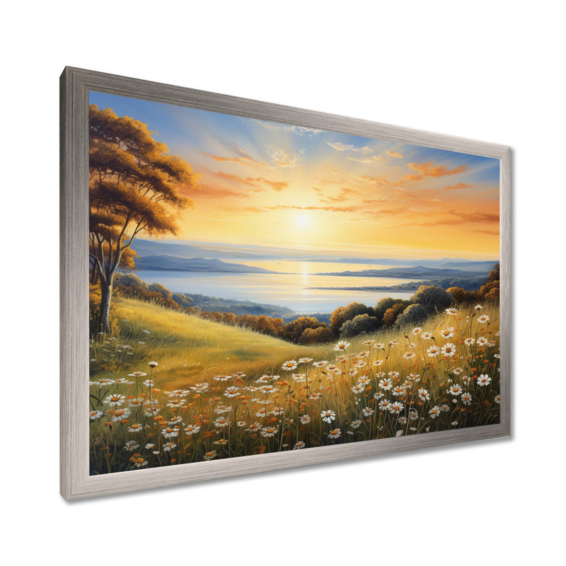 Fleurs blanches et vertes, horizon doré, art mural grand fleurs sauvages, Cadre argenté, H 30 po x l 40 po x P 1,5 po