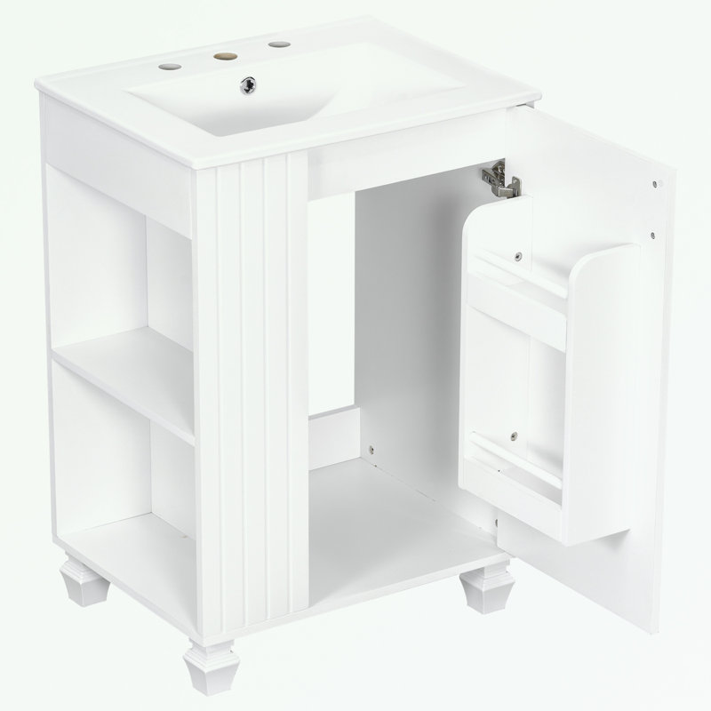 Meuble-lavabo de salle de bain avec lavabo en céramique, tablette de porte et rangement latéral ouvert, Blanc