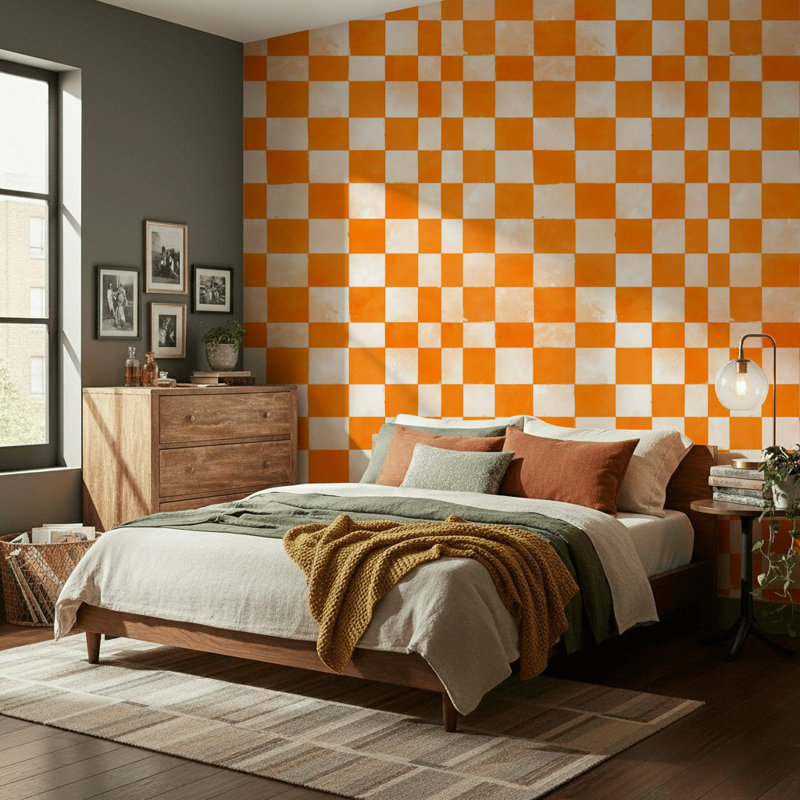 Papier peint à carreaux, décoration murale amovible géométrique orange