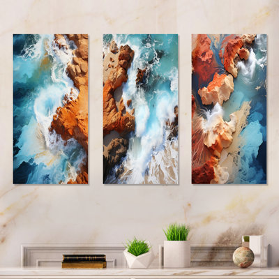 Blue And Orange Rocky Beach Aerial View I - Coastal Beach Metal Prints Set Of 3