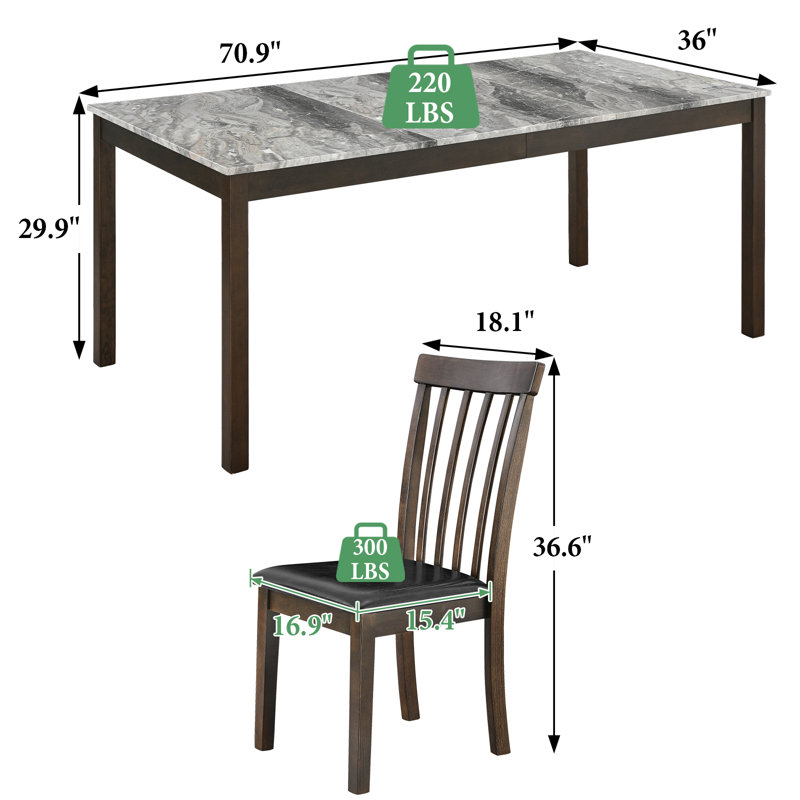 Deral 7 - Piece Traditional Solid Wood Dining Set with PU Leather Chair and Marble Table