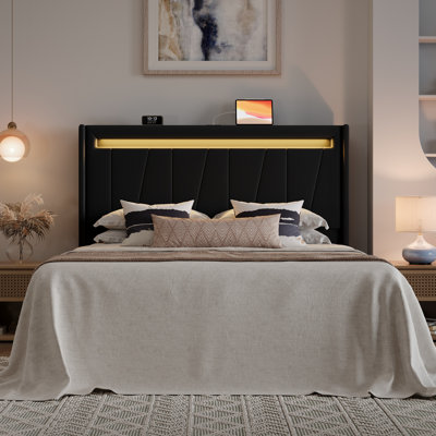 Modern Upholstered Bed Frame With RGB LED Lights, Charging Station & Geometric Wingback Headboard by Latitude Run