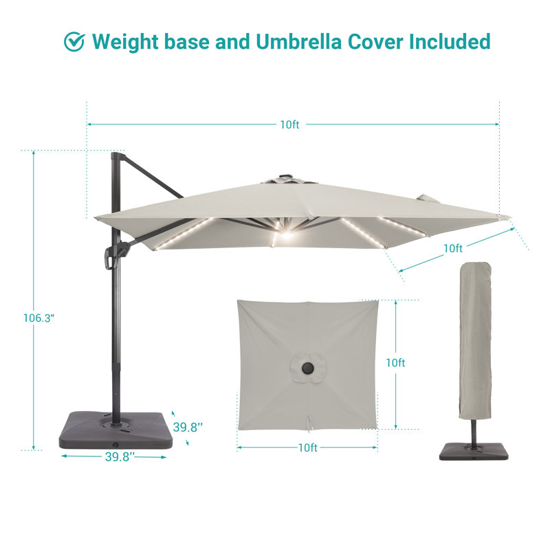 Parasol en porte-à-faux carré avec base lestée 120 po Rilie, Gris