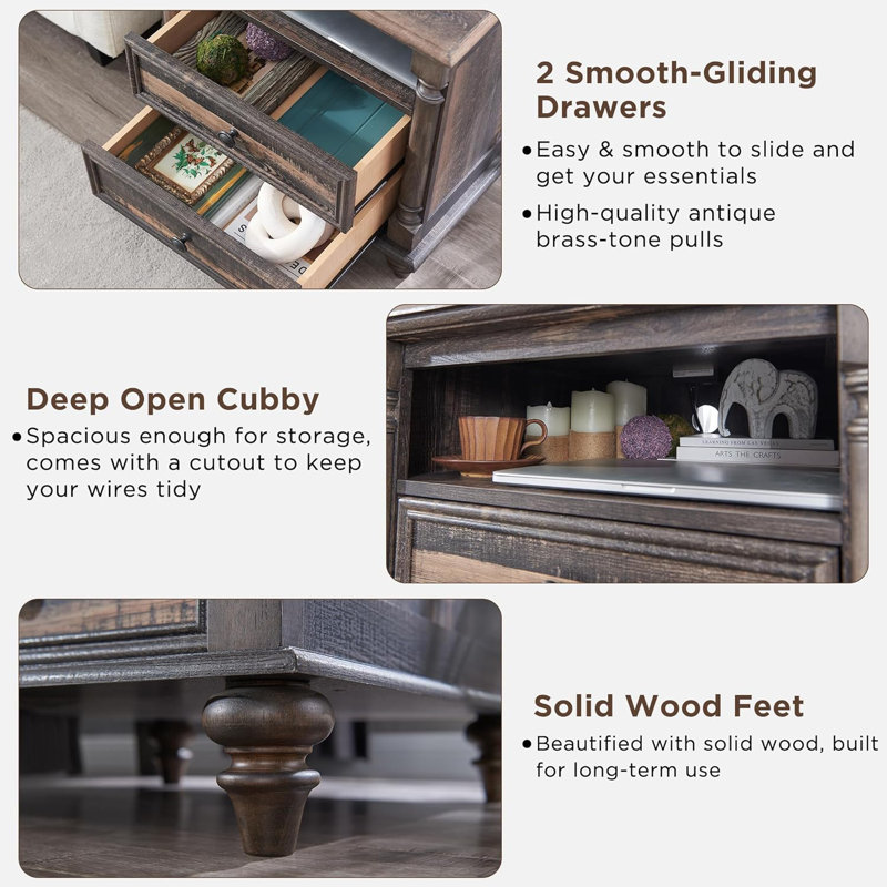 Rushville Farmhouse 2 - Drawers Nightstand with Charging Station, Tall Rustic Wood Square End Table with Open Shelf