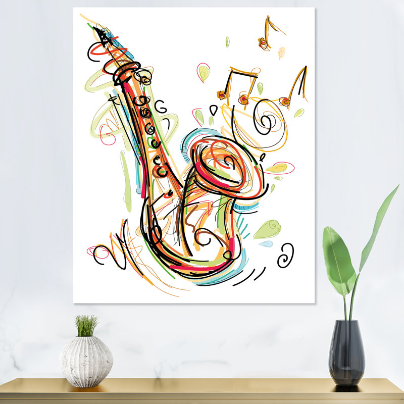 Musique, saxophone, dessin abstrait II - peinture, H 32 po x l 16 po x P 1 po, Toile tendue