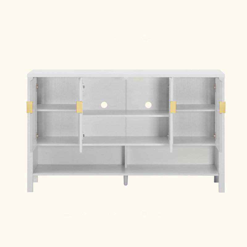 Buffet de rangement à 4 portes, buffet multifonctionnel avec tablette ouverte et 2 tablettes réglables à 2 niveaux, armoire moderne avec crochets doubles, convient au salon, au couloir, à la salle à manger et au bureau.