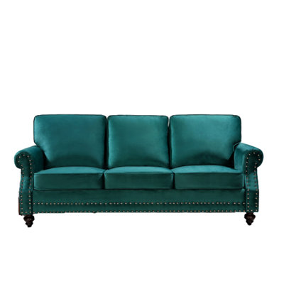 3-Seater Traditional Velvet Sofa, Nailhead Trim Upholstered Couch with Solid Wood Turned Legs for Living Room Decor