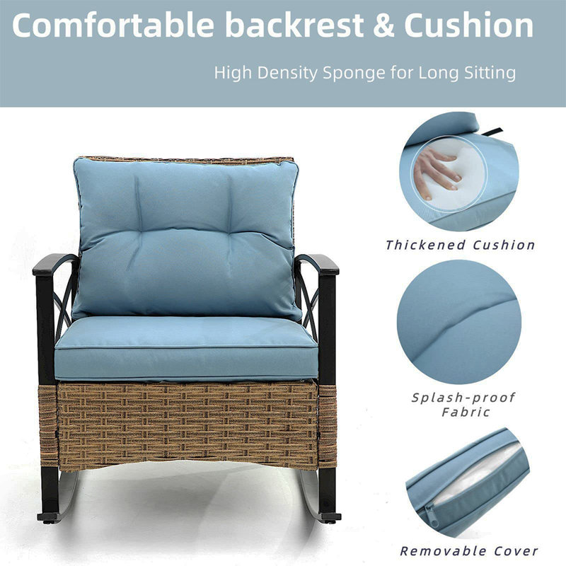 Barbary 3-Piece Brown Rattan Patio Rocking Bistro Set with Blue Cushions