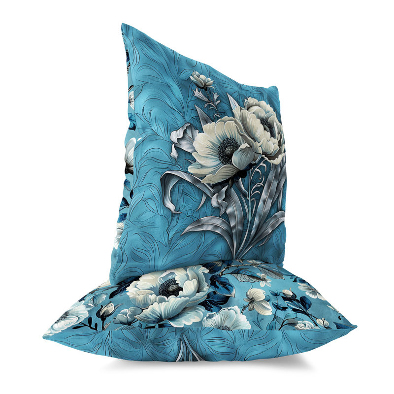 Coussin décoratif intérieur / extérieur Peony, H 18 po x l 18 po, Bleu clair / crème