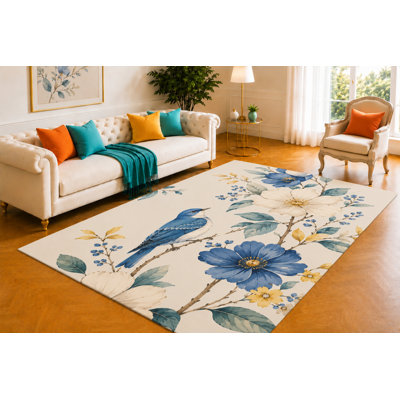 "Ultra Lightweight" 5'x7' Blue Floral Bird Area Rug for Living Room, Soft Low Pile Indoor Rug with Non-Slip Silicone Backing, Decorative Carpet for Bedroom, Office, Dining Room & Cottage Decor, Blue