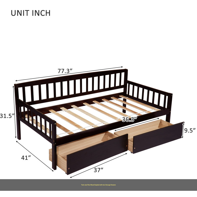 Lit de jour simple en bois de pin avec deux tiroirs de rangement, canapé-lit avec plateforme de 10 lattes de soutien,