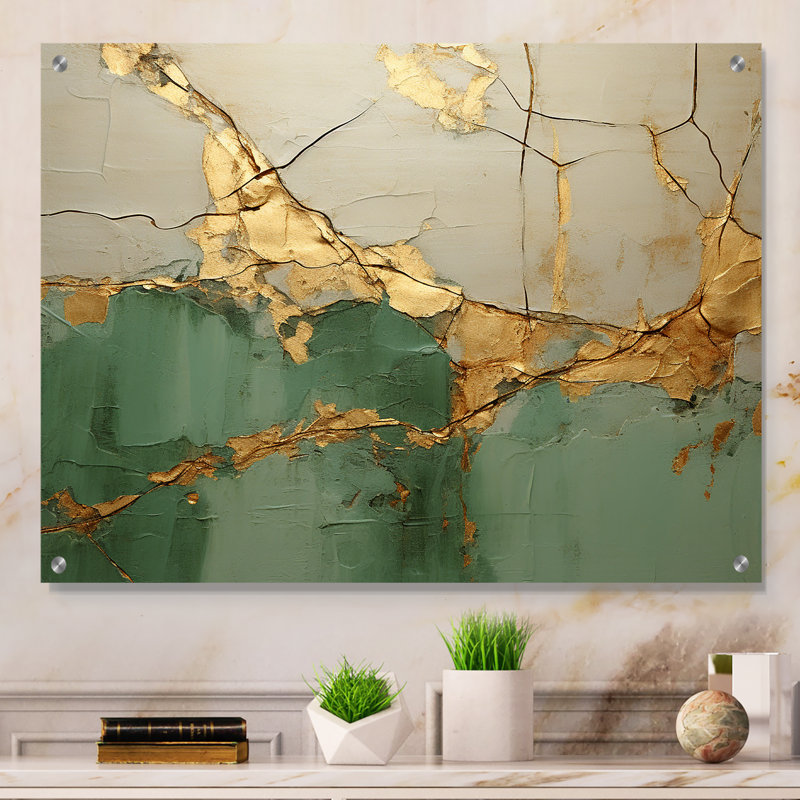 «Green Gold Minimalisme Poteries», art mural abstrait spirales abstraites, H 16 po x l 32 po