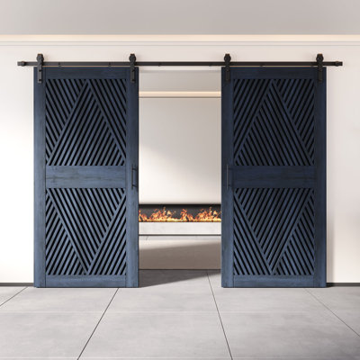 Homacer Navy Double 42in x 84in Unassembled & Finished Diamond Design Barn Doors with Non-Bypass Installation Hardware Kit, 15ft track, interior use only