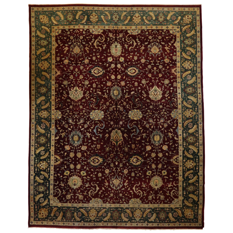 Oriental Hand-Knotted Wool Burgundy/Green/Ivory Area Rug, Rectangle 8'1" x 10'1"