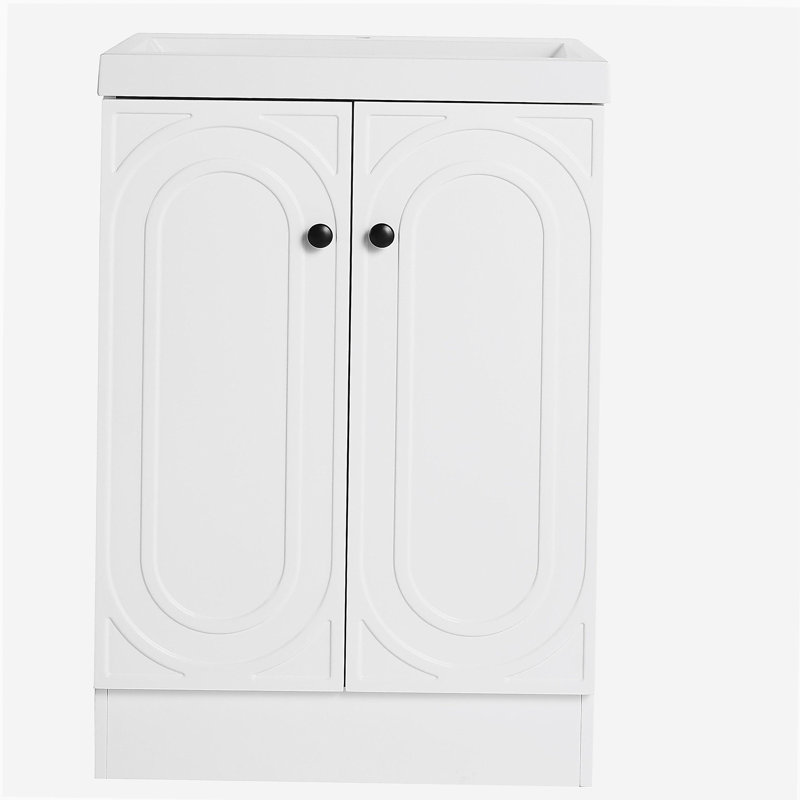 Meuble-lavabo autoportant de 24 po avec lavabo en résine blanche et 2 portes d'armoire à fermeture en douceur, Blanc