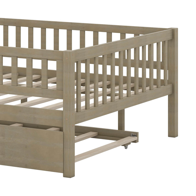 Full Size Wood Daybed With Trundle And Fence Guardrails