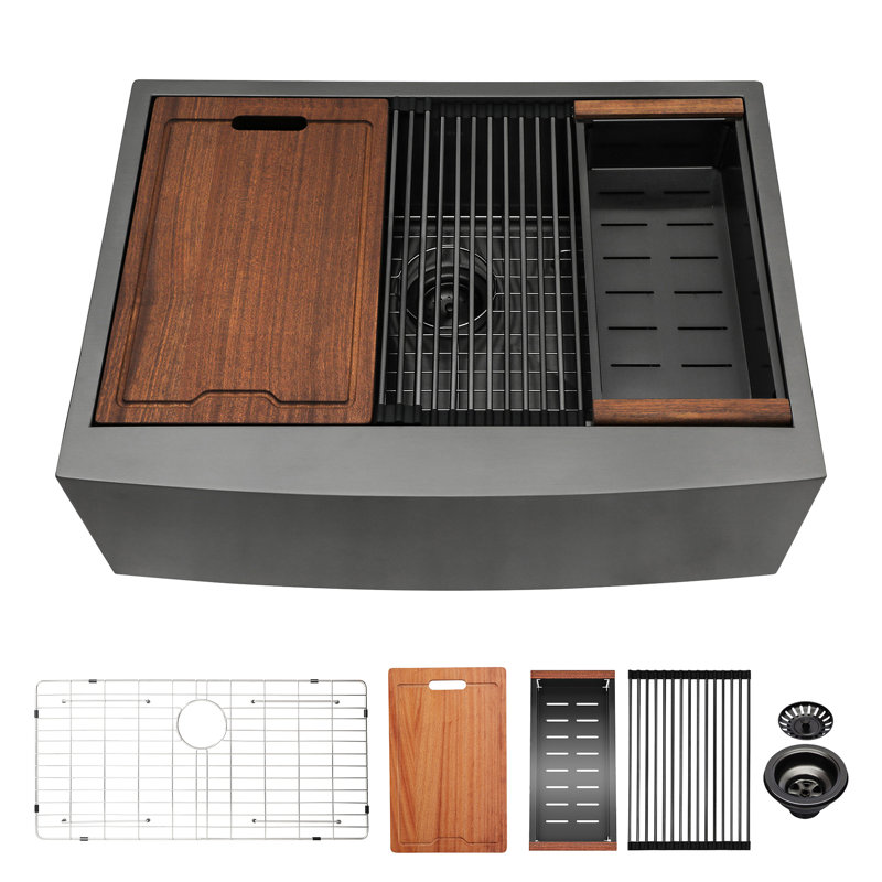 Style Kitchen Sink With Stainless Steel Apron And Workstation 33X22x10" - Matte Black, Integrated Ledge Feature, Upgrade Your Vibration- Design, Smooth Operation