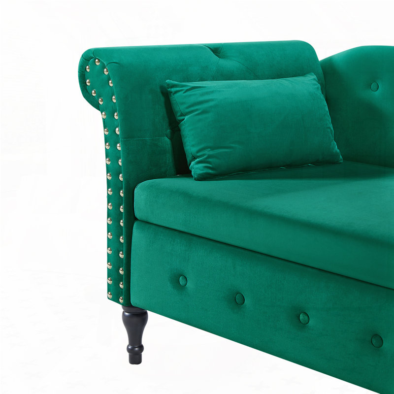 Chaise longue en velours avec rangement et banc rembourré capitonné, Vert