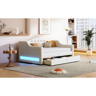 Lit simple TG, lit de jour, beige, tissu d'ameublement, ceinture à DEL, 2 tiroirs, lattes, lin revêtu à usage constant, sans sommier, petite chambre