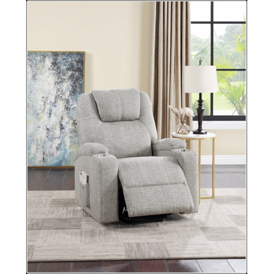 Fauteuil inclinable en chenille gris clair avec lève-personne électrique, massage et rembourrage en mousse confortable pour une détente ultime
