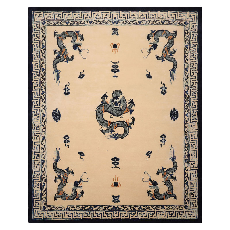 Multi Size Ivory Hand Tufted Dragon Chinese Art Deco Oriental Area Rug, Rectangle 5' x 8'