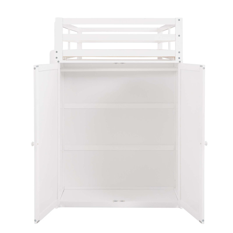Lit mezzanine avec tiroirs, bureau et garde-robe, Lit simple, Blanc
