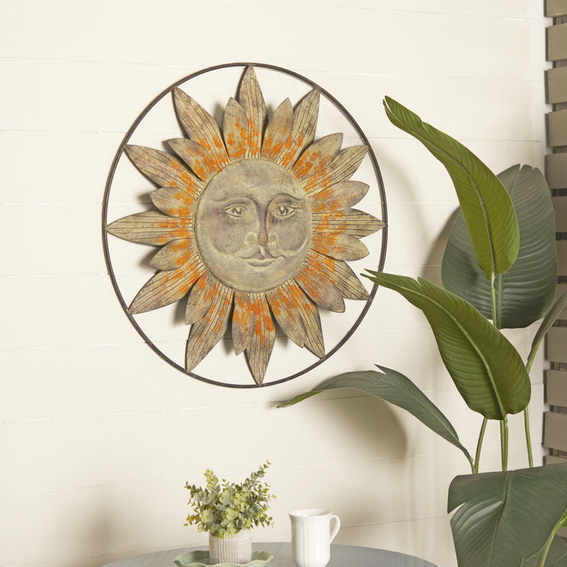 Metal Indoor Outdoor Sun Brown Wall Decor with Distressed Copper Like Finish