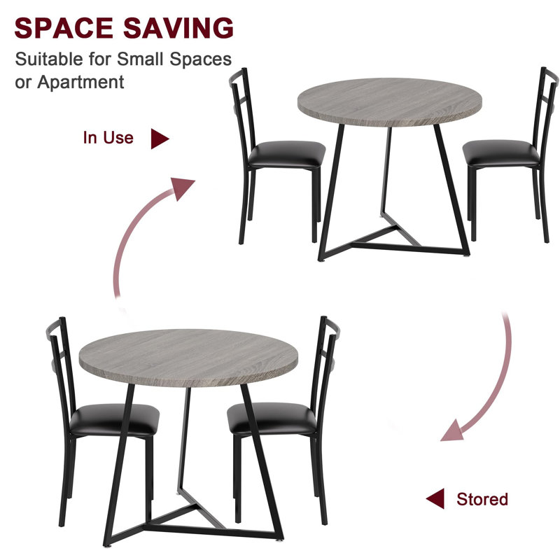 Gray Round Marble Dining Table Set with Black Metal Chairs