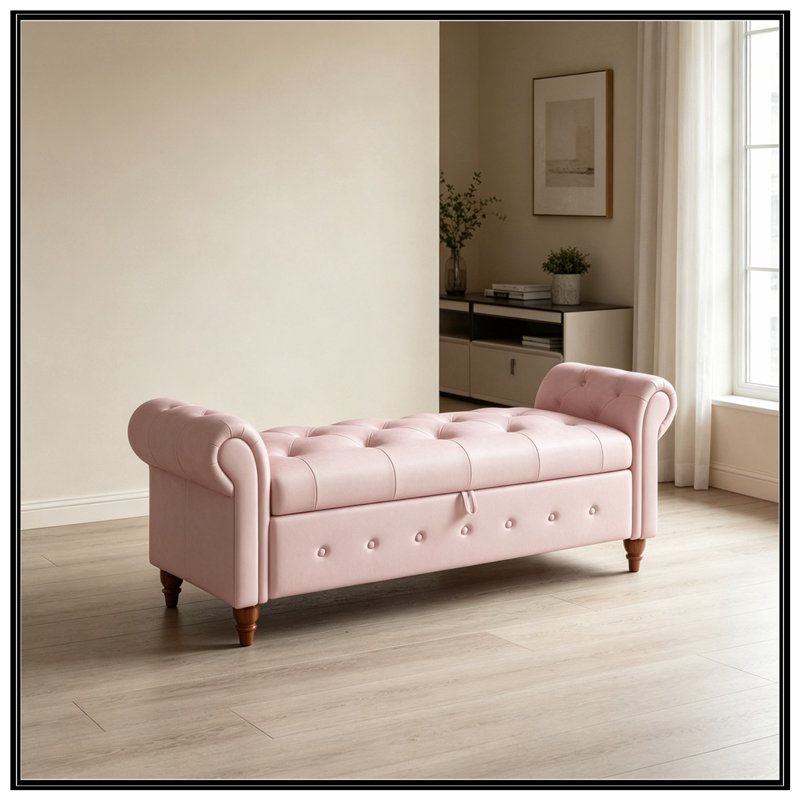 Banc avec siège capitonné et accoudoirs, Rose