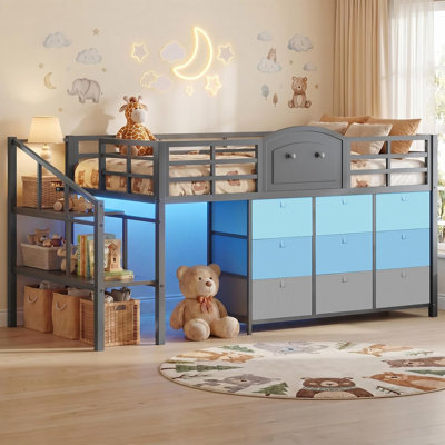 Twin Size Low Loft Bed with 9 Storage Drawers & Stairway Shelves LED Kids Loft Bed with Under-Bed Hideaway Space