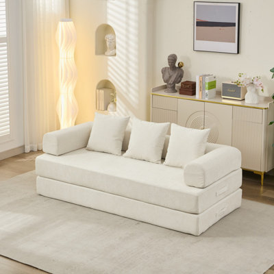 Beige Chenille Folding Floor Sofa Bed, Convertible Lounge Couch with Armrest for Living Room Bedroom